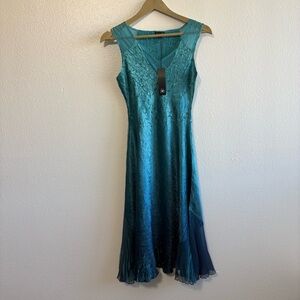NEW Komarov Size Small Teal Metallic Crinkle Midi Dress V Neck Whimsigoth Fairy